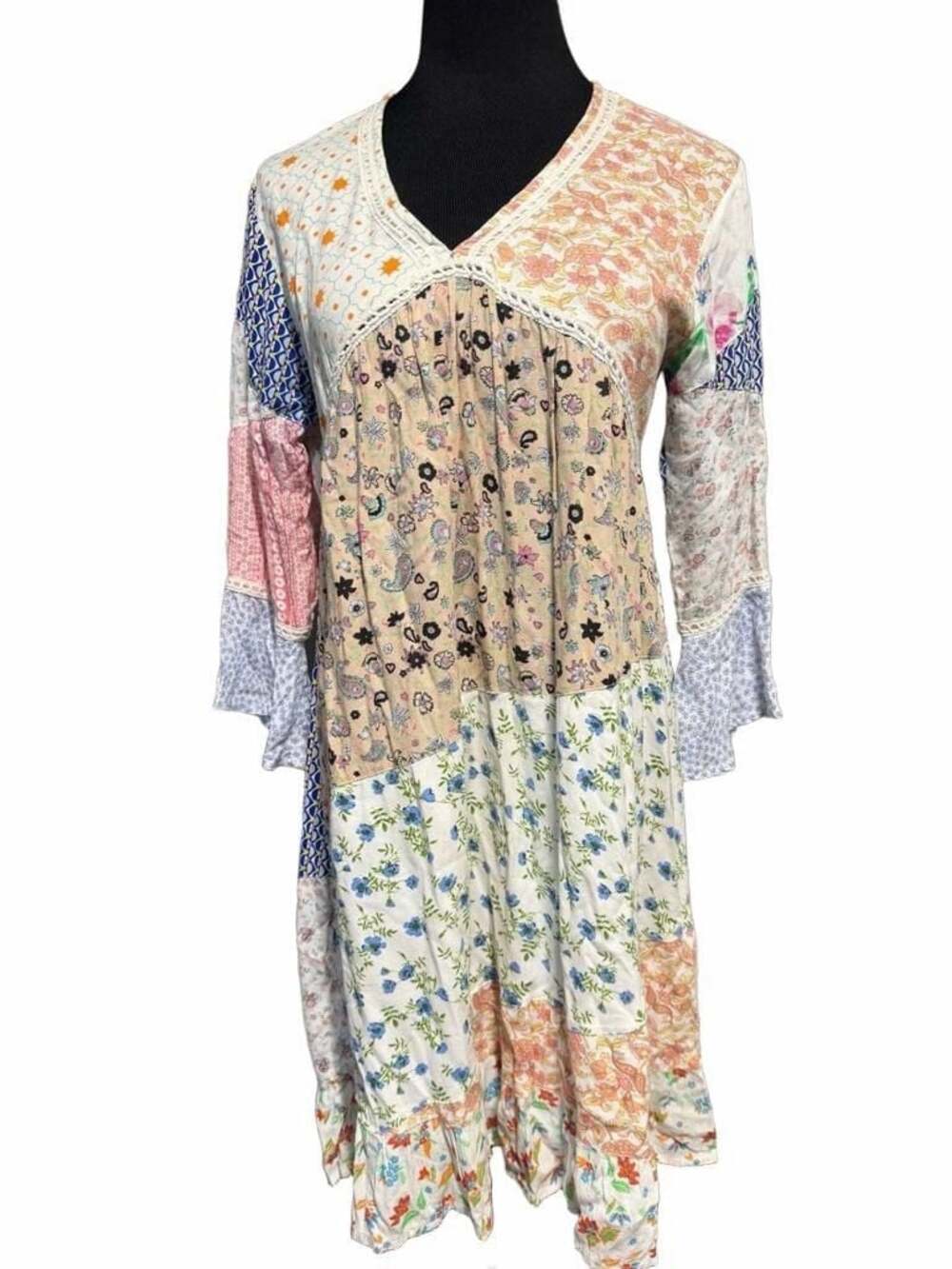 054 The Pyramid Collection Women's Patchwork V-Neck Dress, 100% Rayon